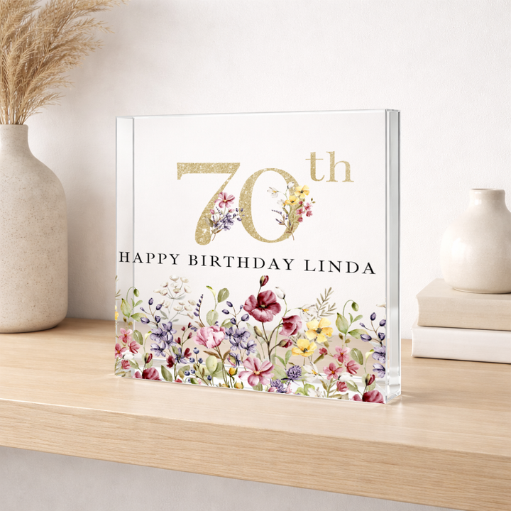 Personalised Wild Flower Acrylic Block 70th Birthday Gift