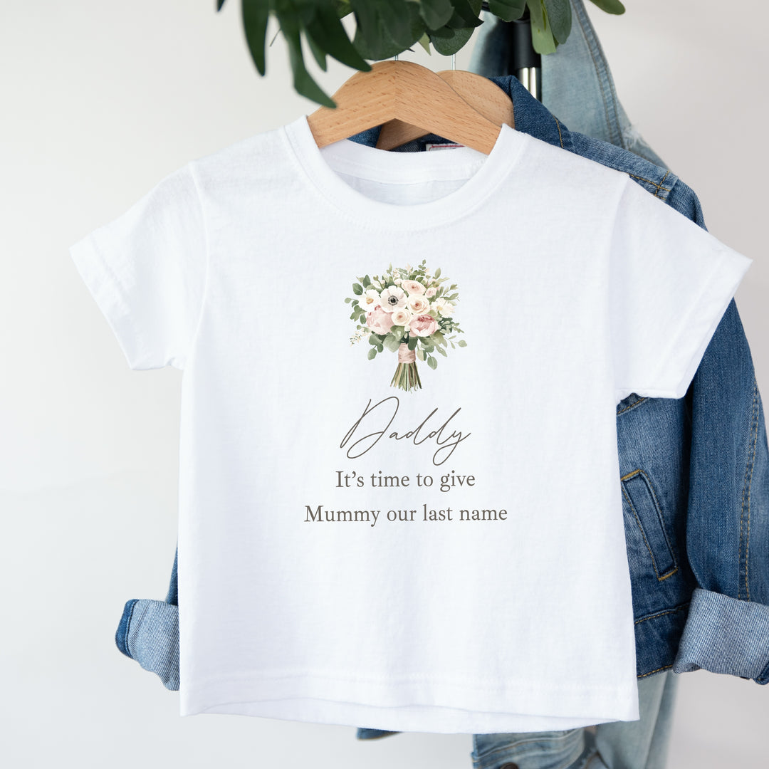 Pink Bouquet Time To Give Mummy Our Last Name Kids T-Shirt or Baby Vest