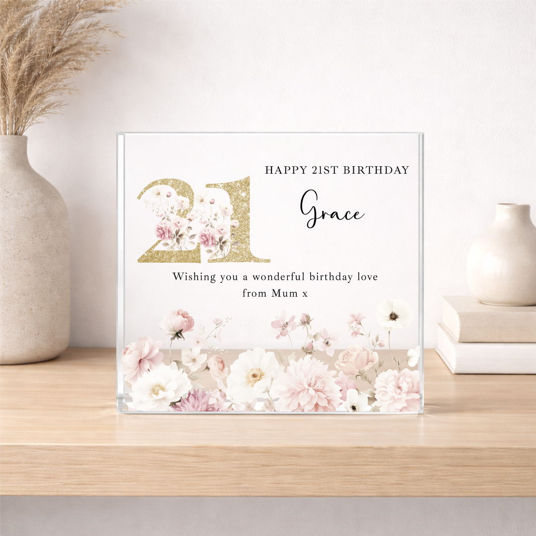 Personalised Acrylic Block Pink Floral 21st Birthday Gift