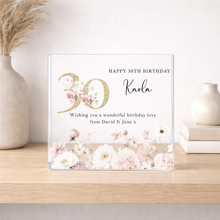 Personalised Pink Floral Acrylic Block 30th Birthday Gift