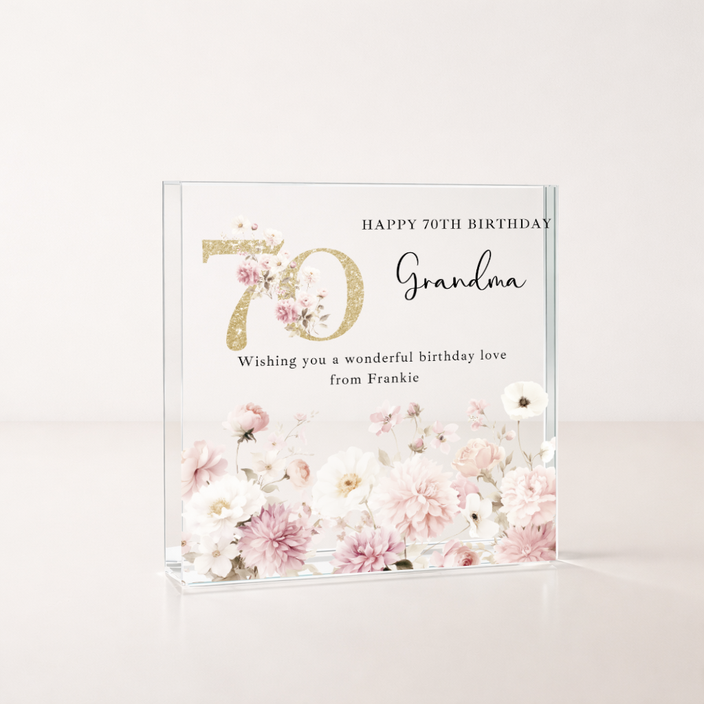Personalised Pink Floral Acrylic Block 70th Birthday Gift