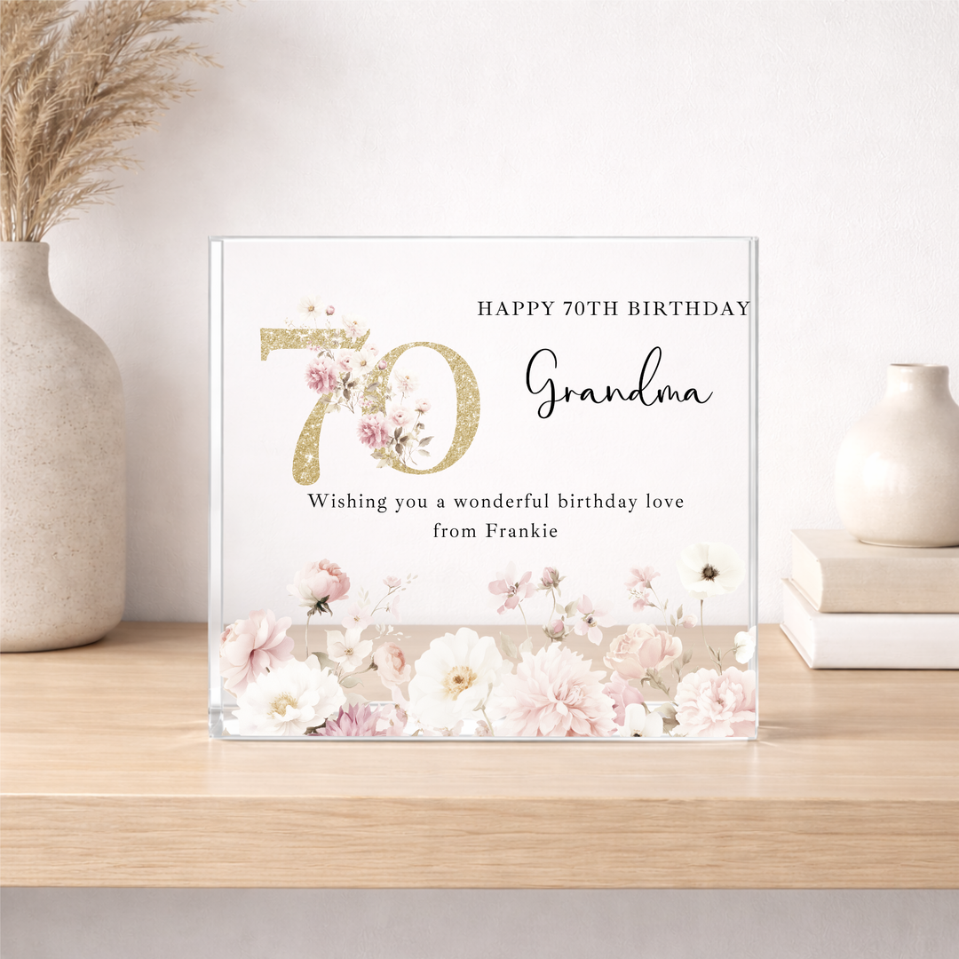 Personalised Pink Floral Acrylic Block 70th Birthday Gift