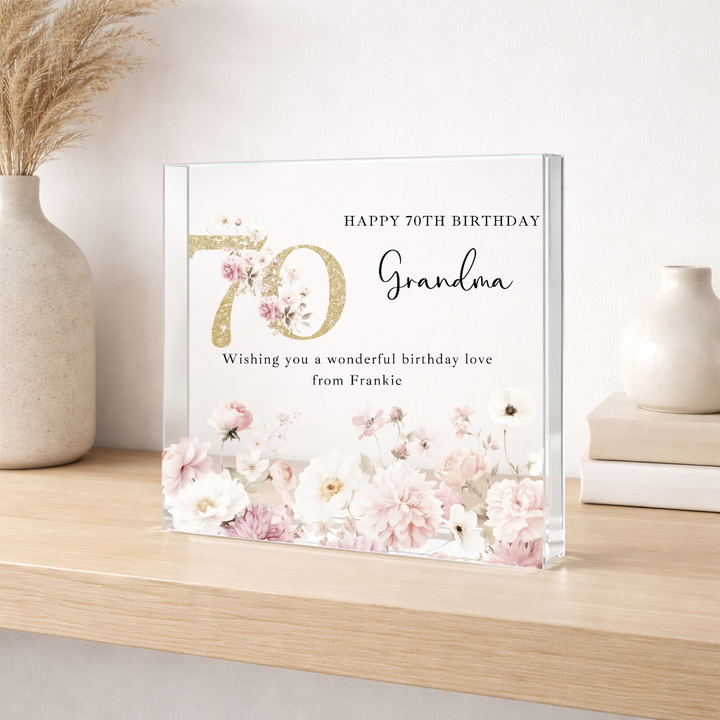 Personalised Pink Acrylic Block 70th Birthday Gift