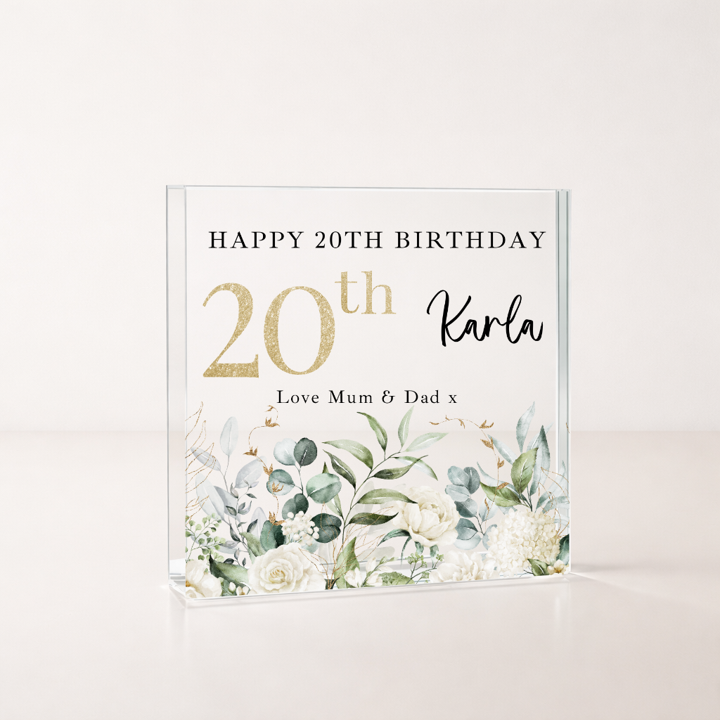 Personalised Floral Acrylic Block 20th Birthday Gift