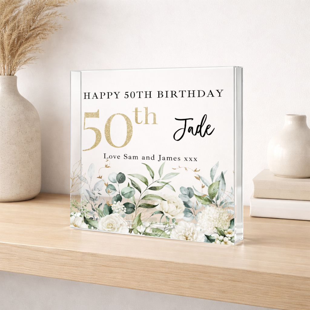 Personalised Floral Acrylic Block 50th Birthday Gift