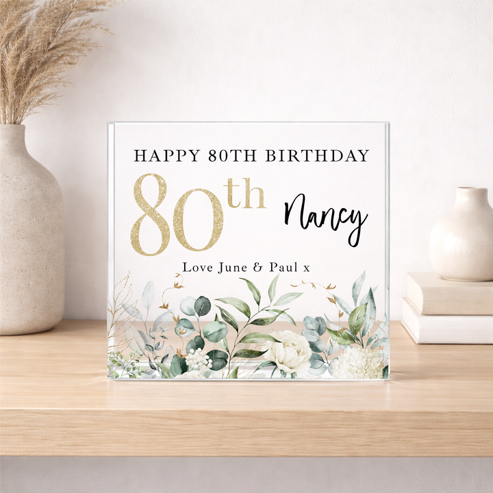 Personalised Floral Acrylic Block 80th Birthday Gift