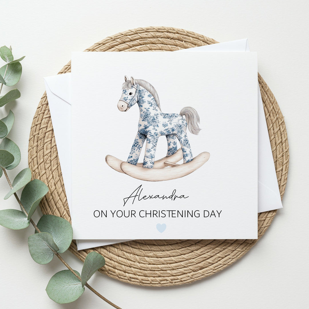 Personalised Blue Rocking Horse On Your Christening Day Card