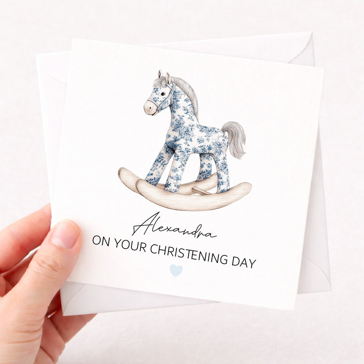 Personalised Blue Rocking Horse On Your Christening Day Card