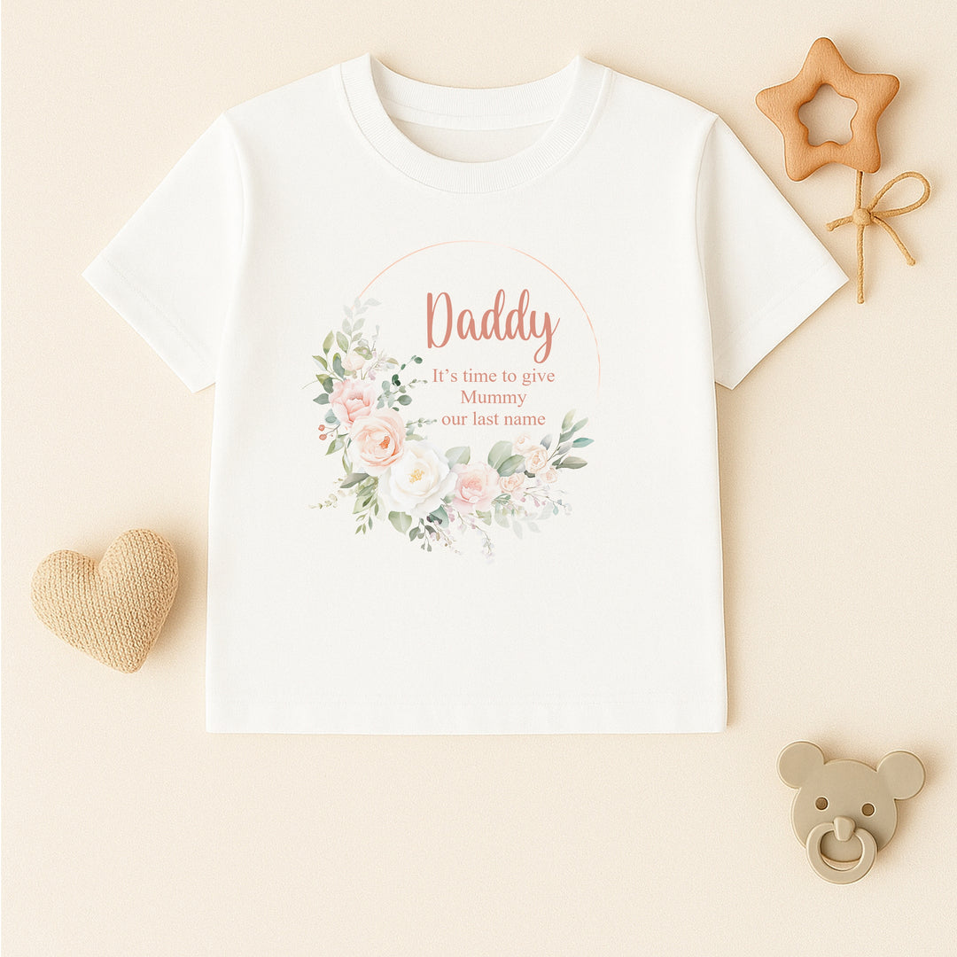 Floral Wreath Time To Give Mummy Our Last Name Kids T-Shirt or Baby Vest