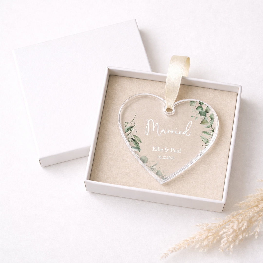 Personalised Floral Heart Just Married Gift Ornament