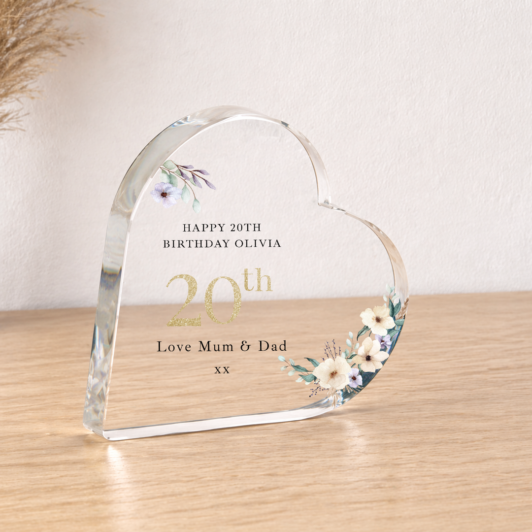 Personalised 20th Birthday Floral Acrylic Heart