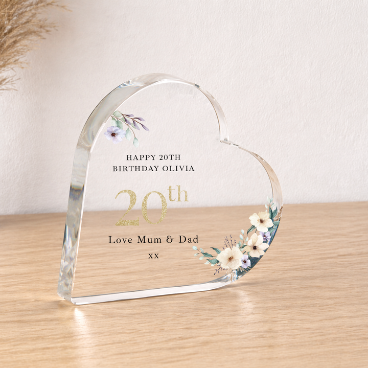 Personalised 20th Birthday Floral Acrylic Heart