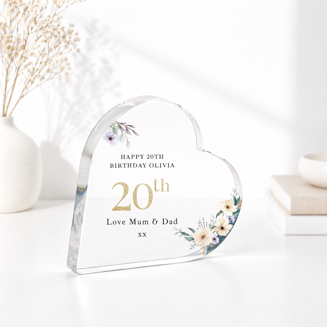 Personalised 20th Birthday Floral Acrylic Heart