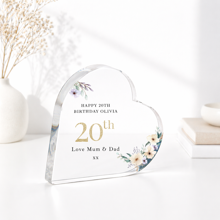 Personalised 20th Birthday Floral Acrylic Heart