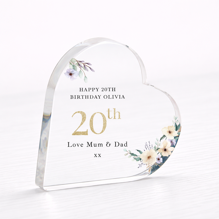 Personalised 20th Birthday Floral Acrylic Heart