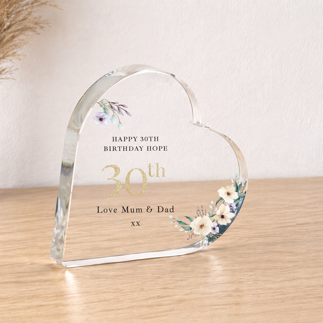 Personalised 30th Birthday Floral Acrylic Heart