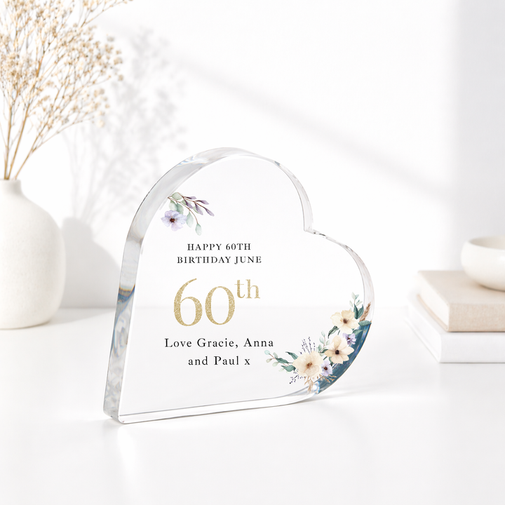 Personalised 60th Birthday Floral Acrylic Heart