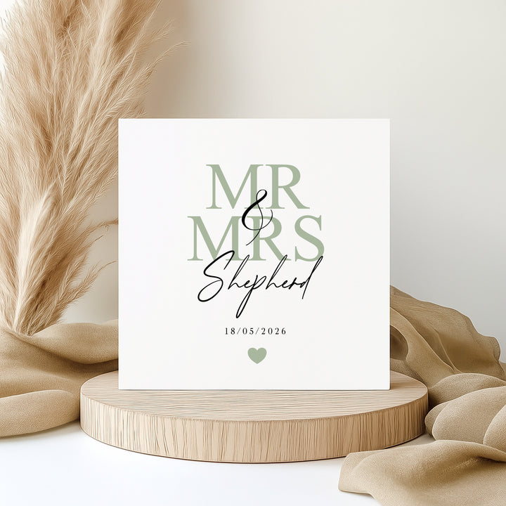 Personalised Sage Green Mr &amp; Mrs Wedding Card