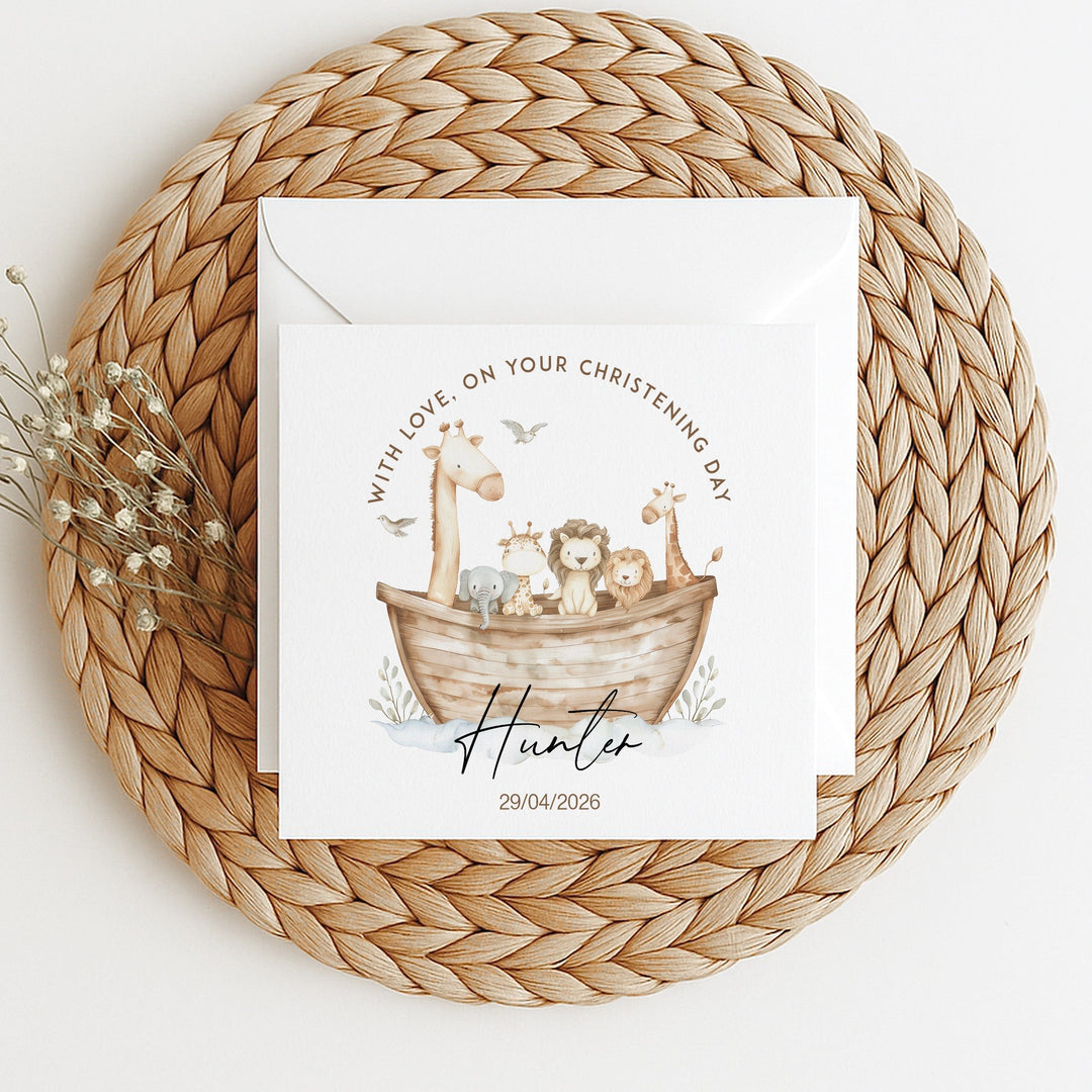 Personalised Animal Boat On Your Christening Day Card