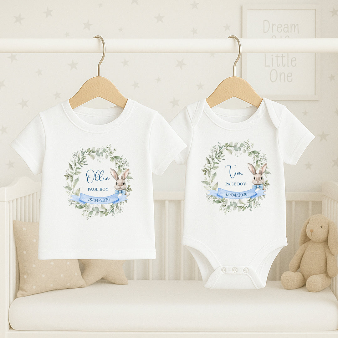 Personalised Blue Bunny Wreath Page Boy T-Shirt or Baby Vest