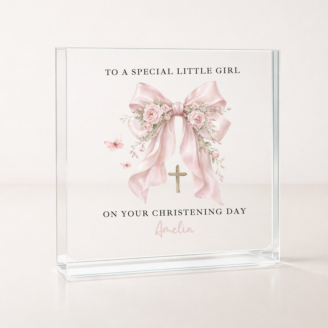 Personalised Acrylic Block Pink Bow Christening Gift
