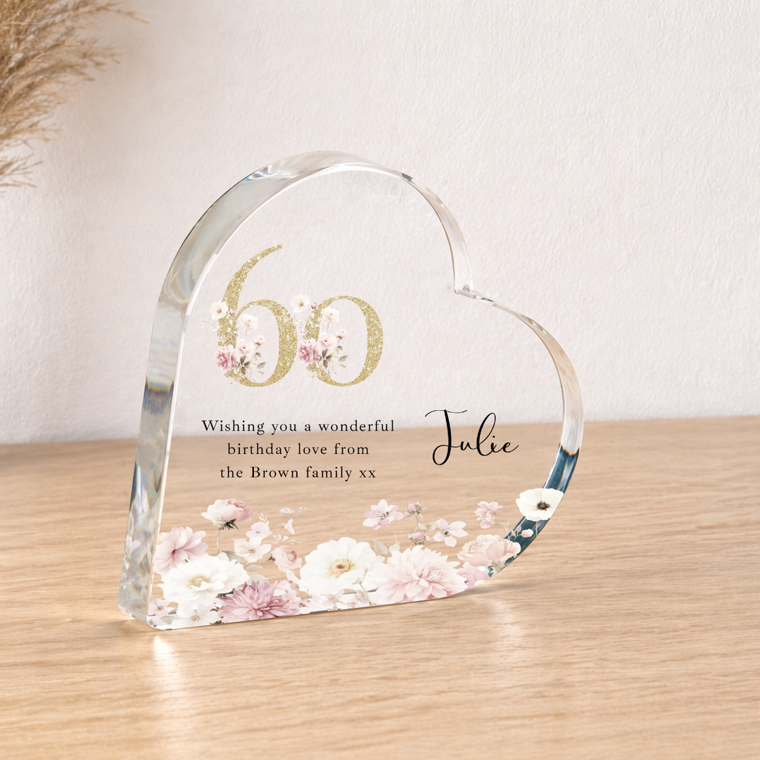 Personalised 60th Birthday Pink Floral Acrylic Heart