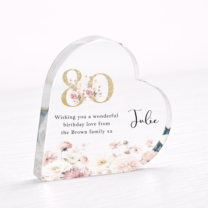 Personalised 80th Birthday Pink Floral Acrylic Heart