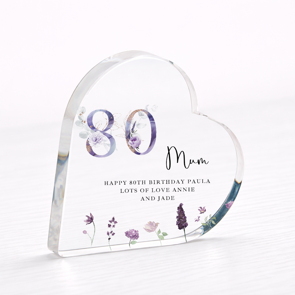 Personalised 80th Birthday Purple Acrylic Heart