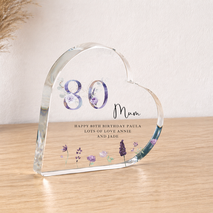 Personalised 80th Birthday Purple Acrylic Heart