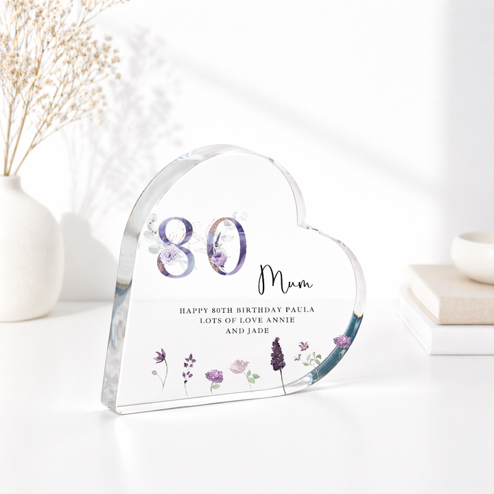 Personalised 80th Birthday Purple Acrylic Heart
