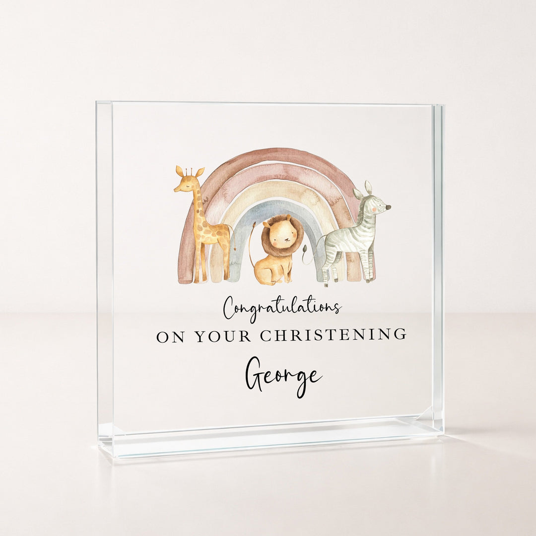 Personalised Acrylic Block Jungle Rainbow Christening Gift