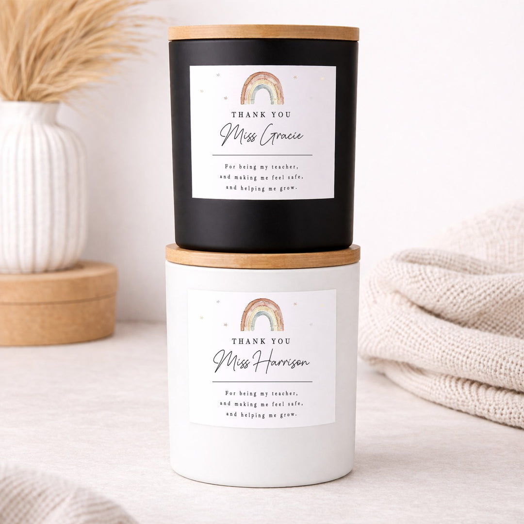 Personalised Pastel Rainbow Thank You Teacher Gift Candle &amp; Box