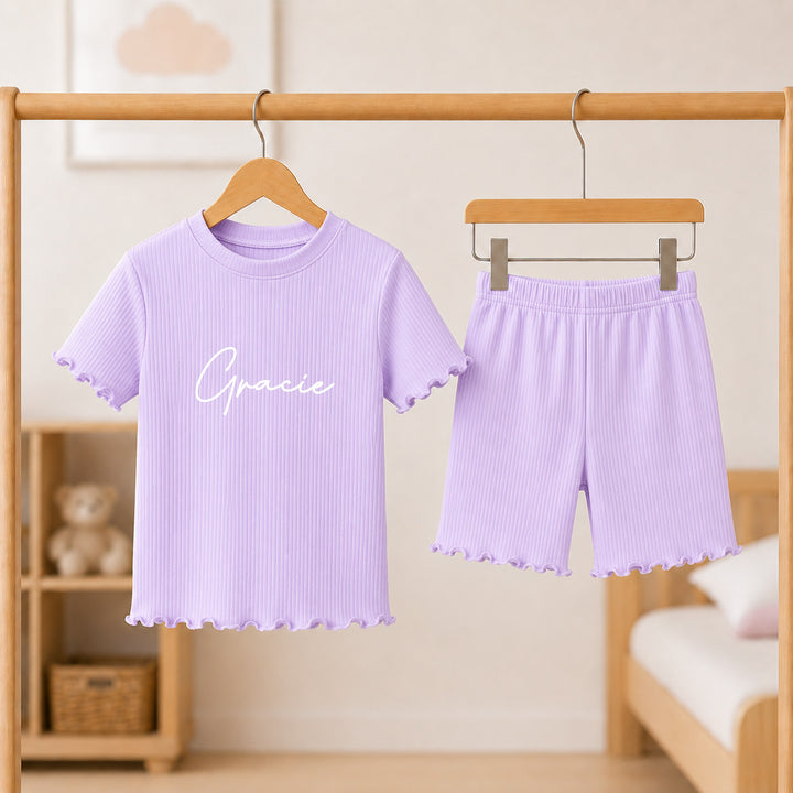 Personalised Script Name Girls Frilly Ribbed Shorts Set