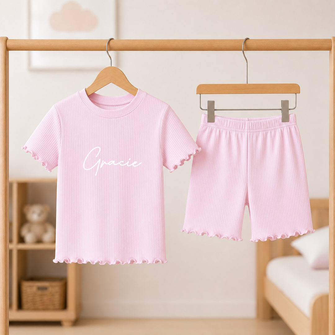 Personalised Script Name Girls Frilly Ribbed Shorts Set