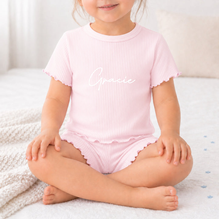 Personalised Script Name Girls Frilly Ribbed Shorts Set